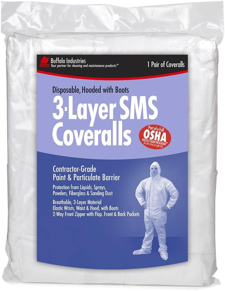 (68441) 3-layer Lead Abatement Disposable Coverall, Size Large, Pack of 1, Attached Hood and Booties, Zippered Front with Flap, Elastic Wrists, Ankles and Waist, Front, Back Pockets